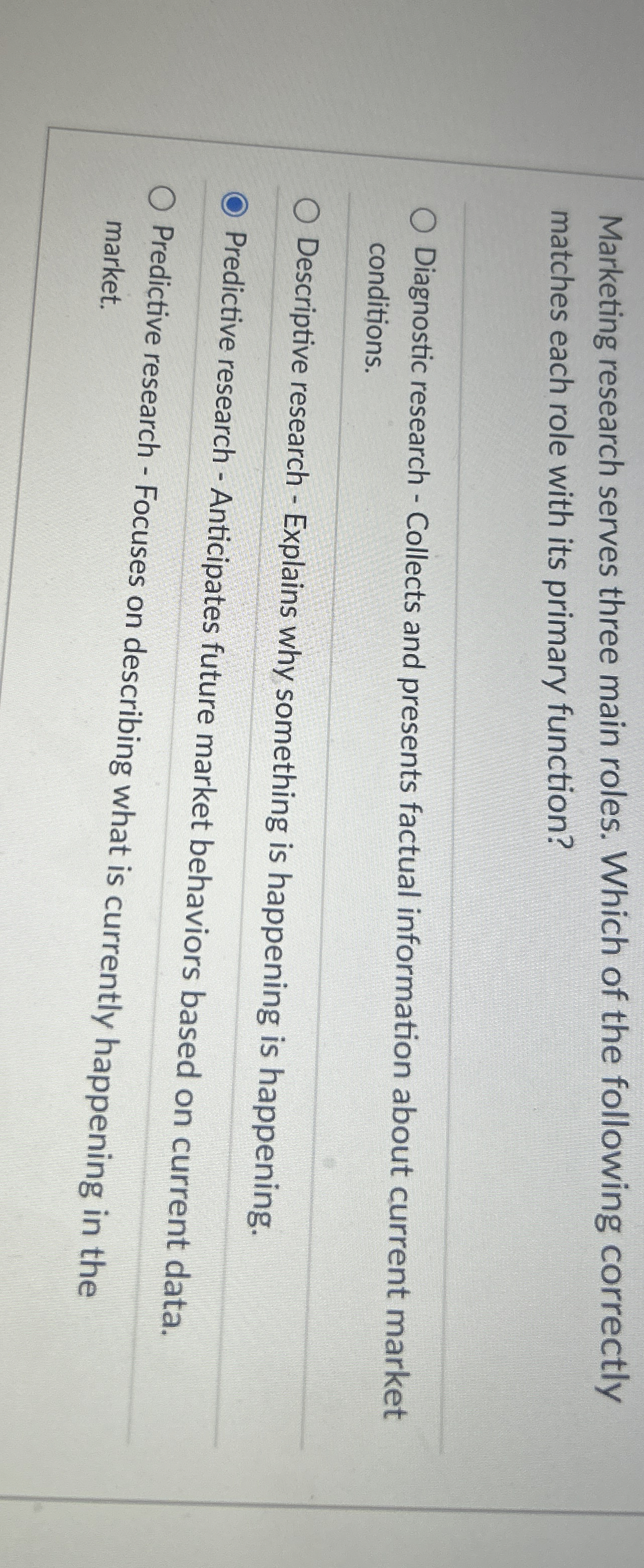 Marketing research serves three main roles. Which