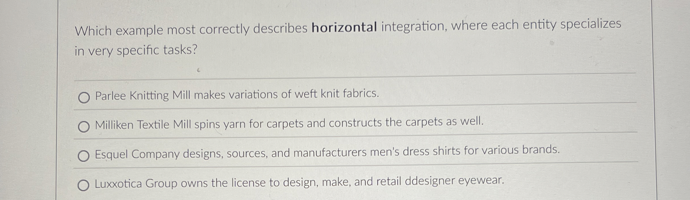 Which example most correctly describes horizontal