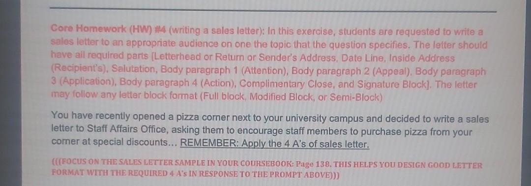 Core Homework (HW) 14 (writing a sales letter):