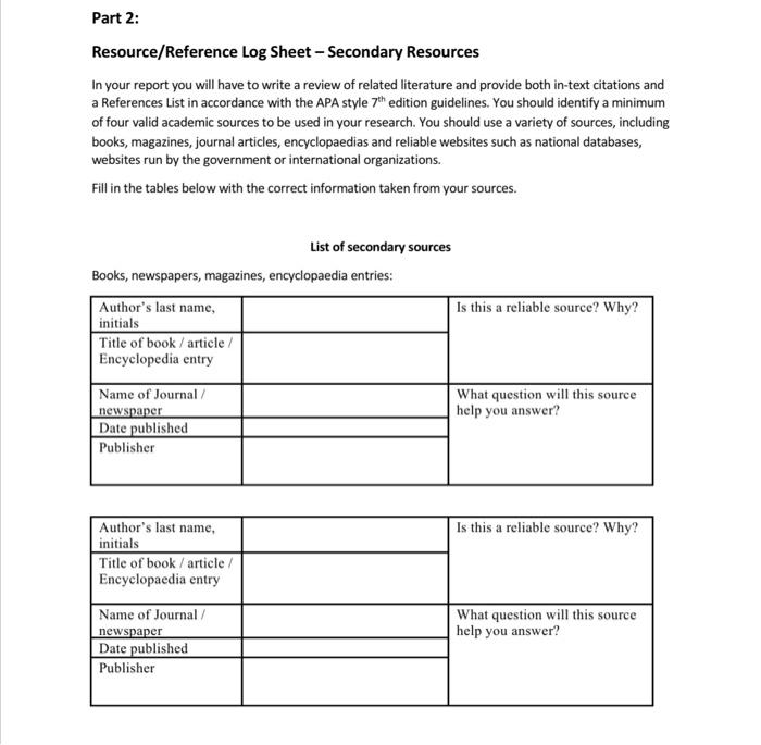 Part 2: Resource/Reference Log Sheet - Secondary