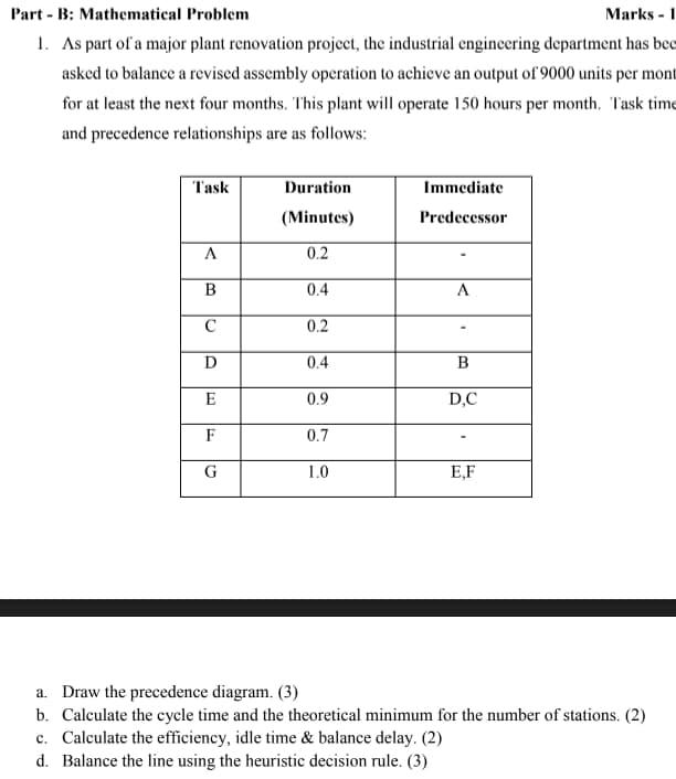 Part - B: Mathematical Problem Marks - 1 1. As