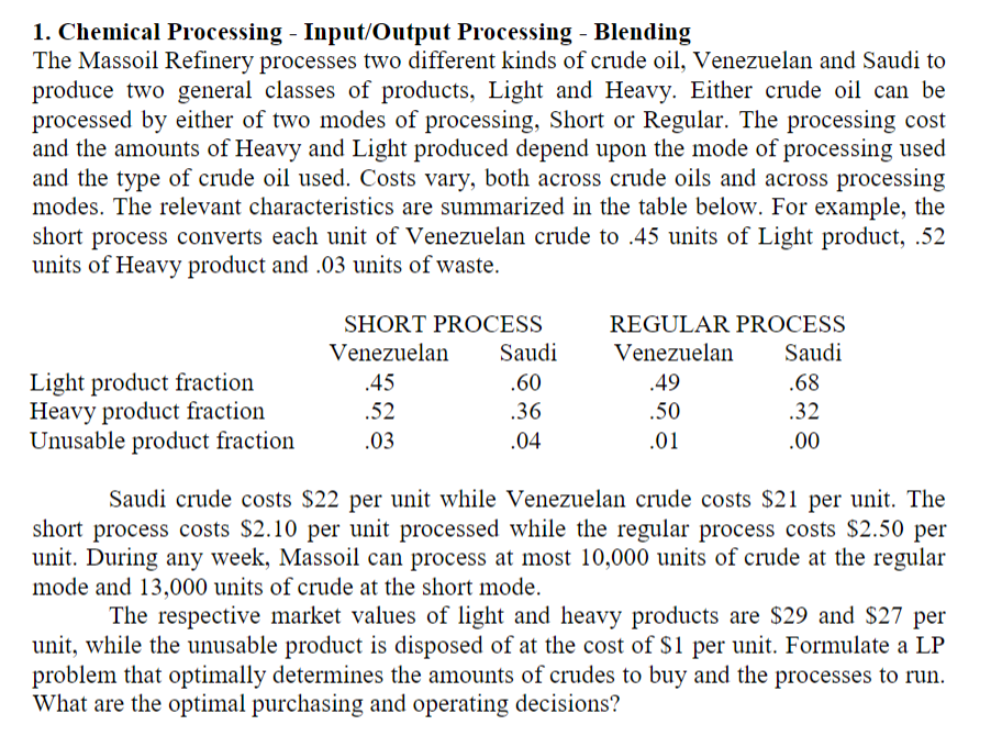 1 1. Chemical Processing - Input/Output