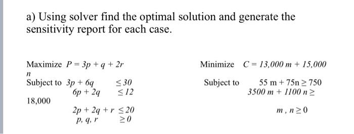a) Using solver find the optimal solution and