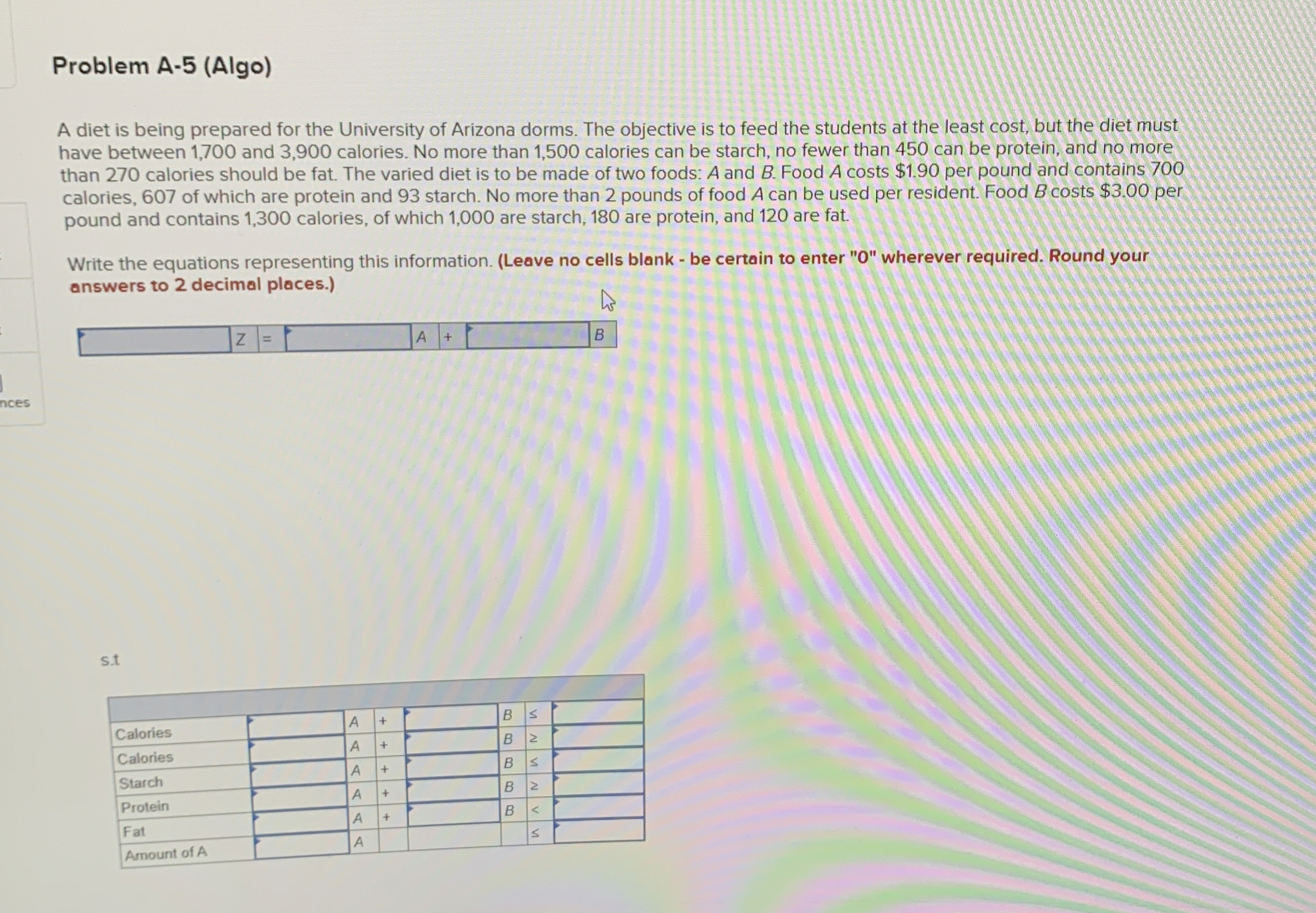 Problem A - 5 ( Algo ) A diet is being prepared
