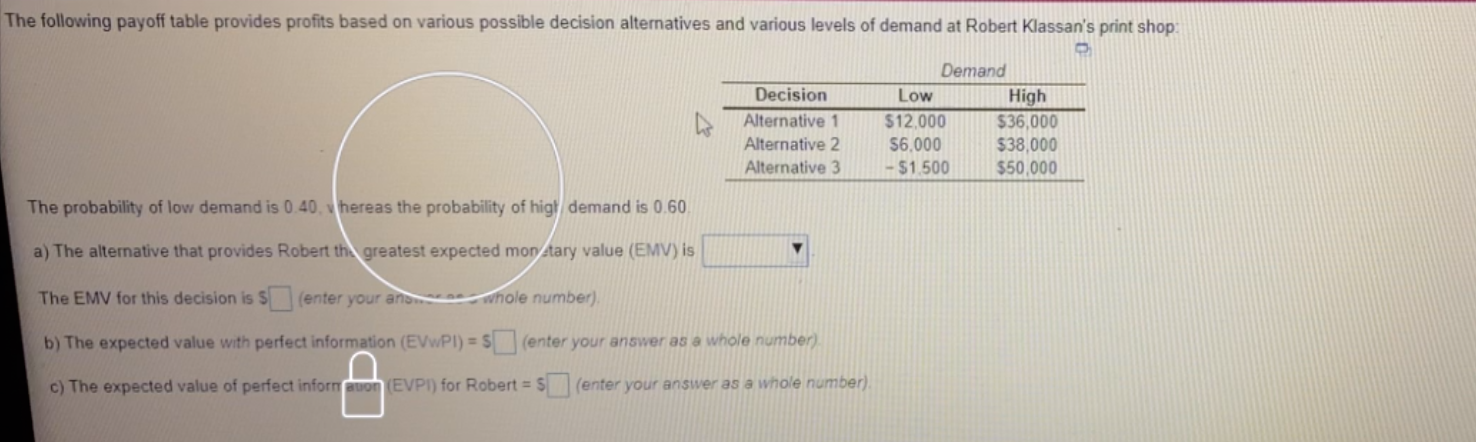 The following payoff table provides profits based