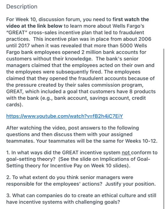 Description For Week 10, discussion forum, you