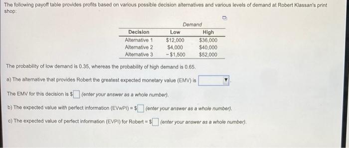 The following payoff table provides profits based