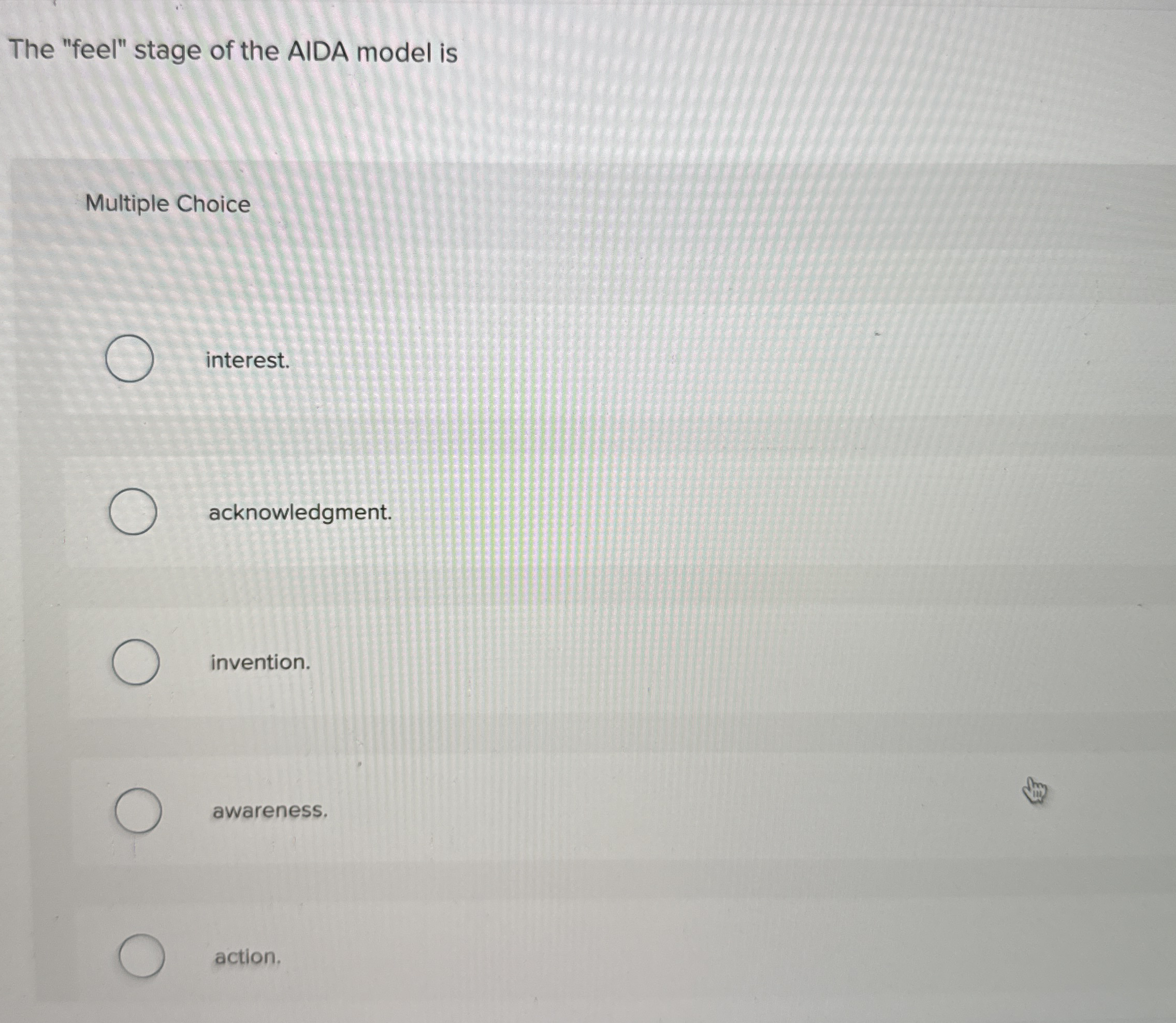 The "feel" stage of the AIDA model is Multiple