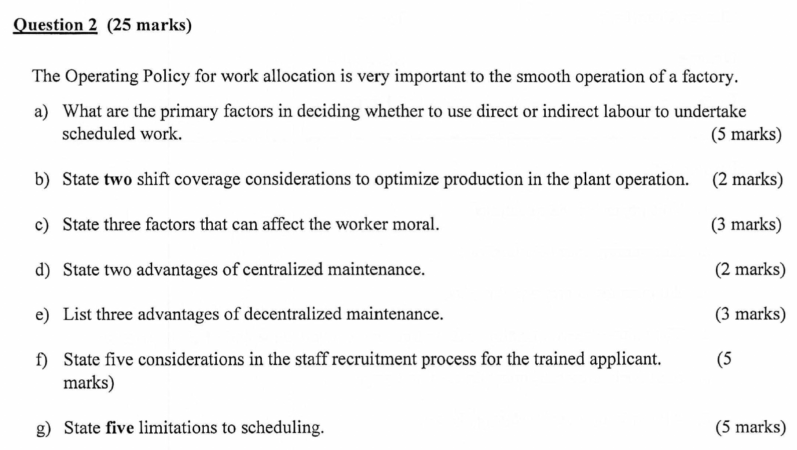 Question 2 ( 2 5 marks ) The Operating Policy for