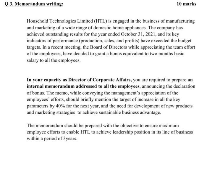 Q.3. Memorandum writing: 10 marks Household