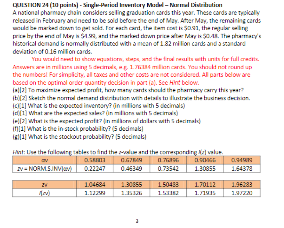 QUESTION 24 (10 points) - Single-Period Inventory