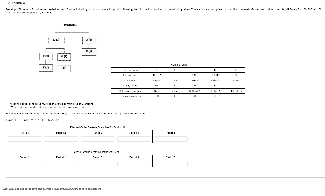 QUESTION 4 Develop MRP records for all items