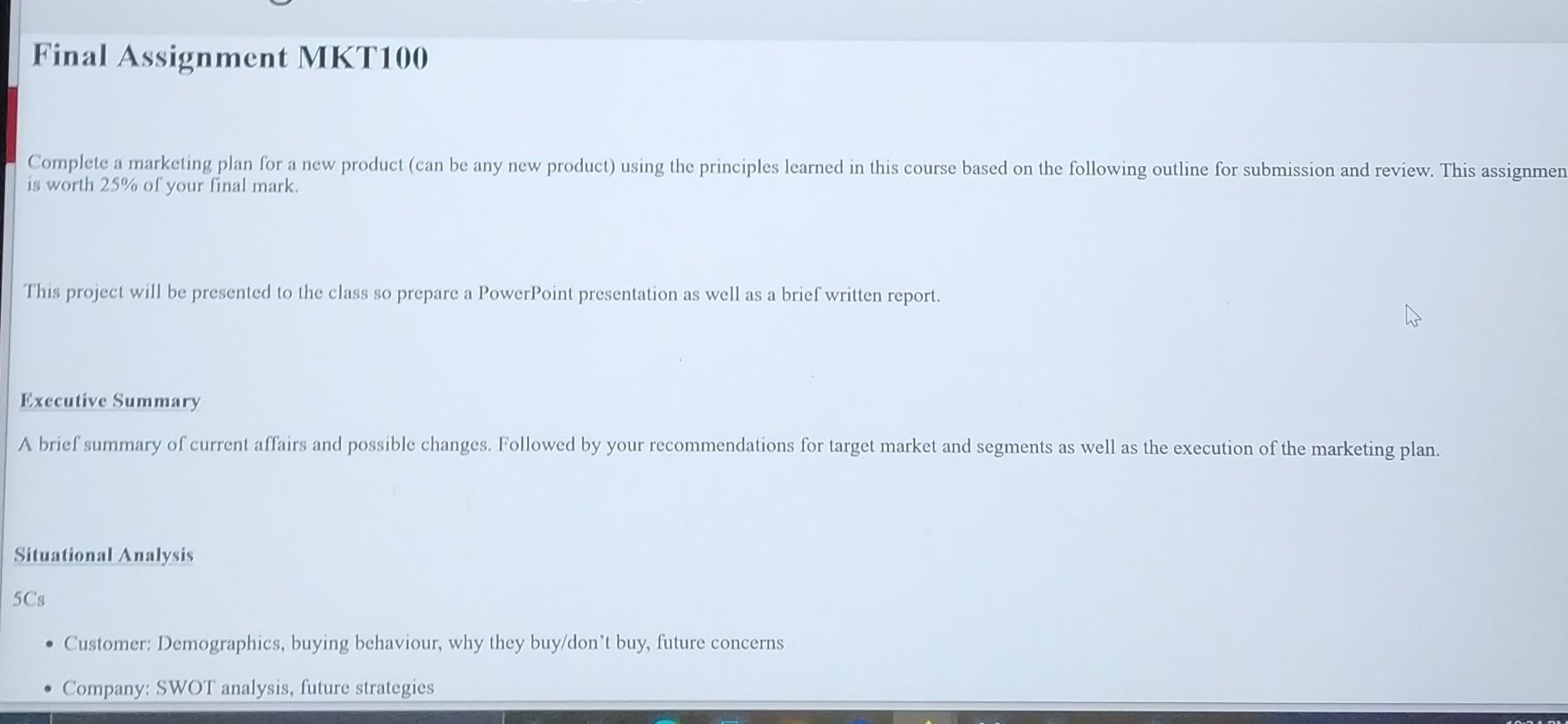 Final Assignment MKT100 Complete a marketing plan