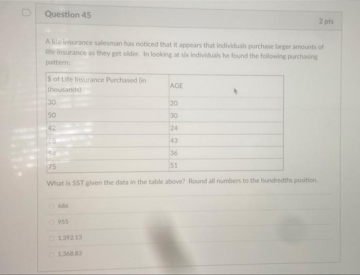 D Question 45 2 pts Alife insurance salesman has