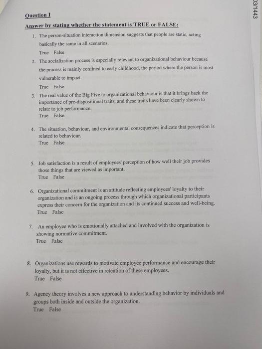 3/1443 Question 1 Answer by stating whether the