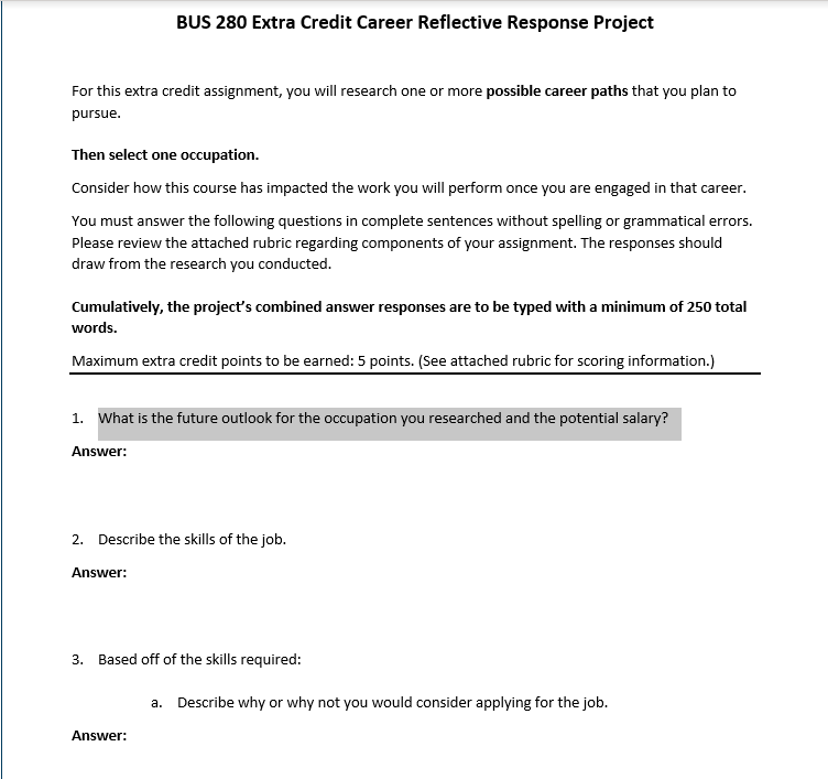BUS 280 Extra Credit Career Reflective Response
