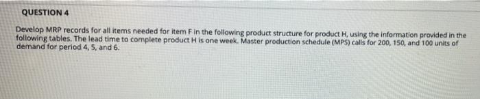 QUESTION 4 Develop MRP records for all items