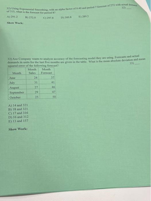 32) 32) Using Exponential Smoothing, within alpha