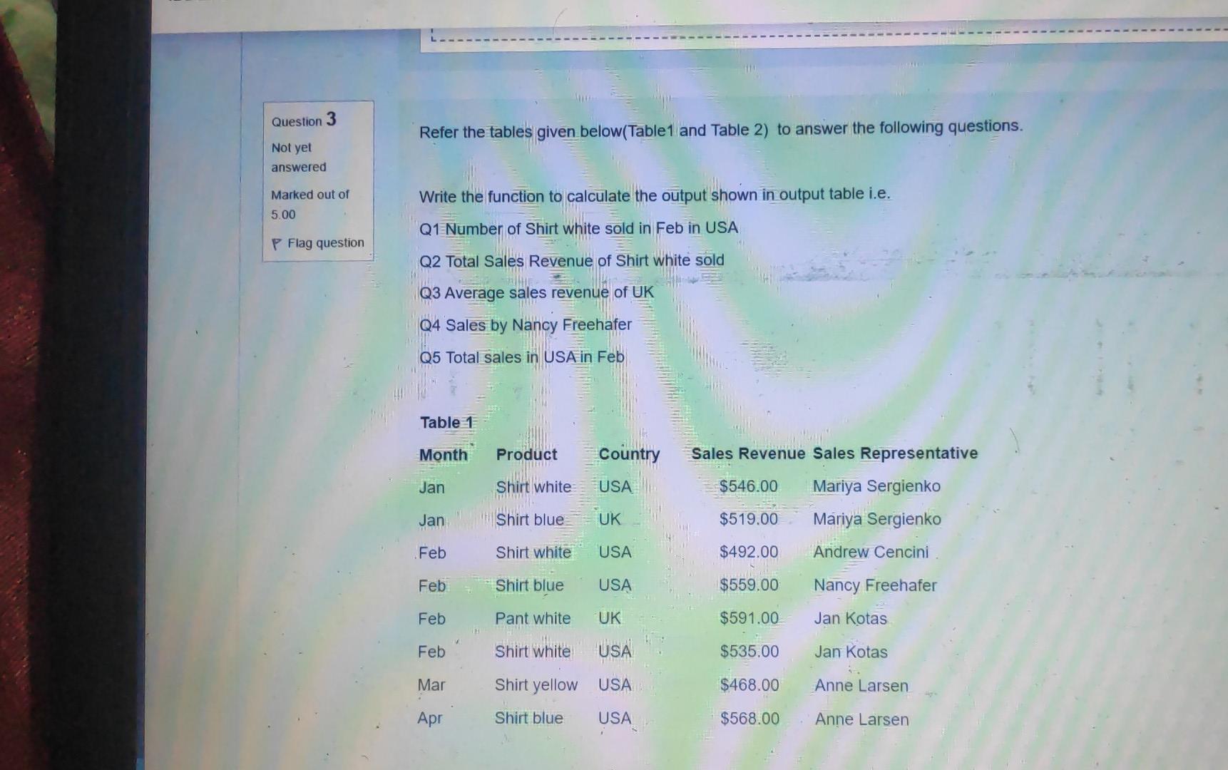 Question 3 Refer the tables given below(Table1