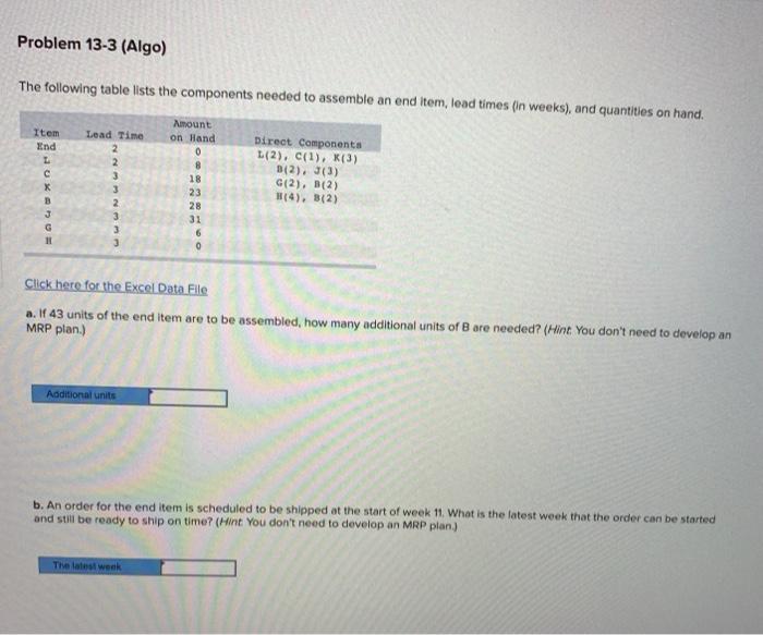 Problem 13-3 (Algo) The following table lists the