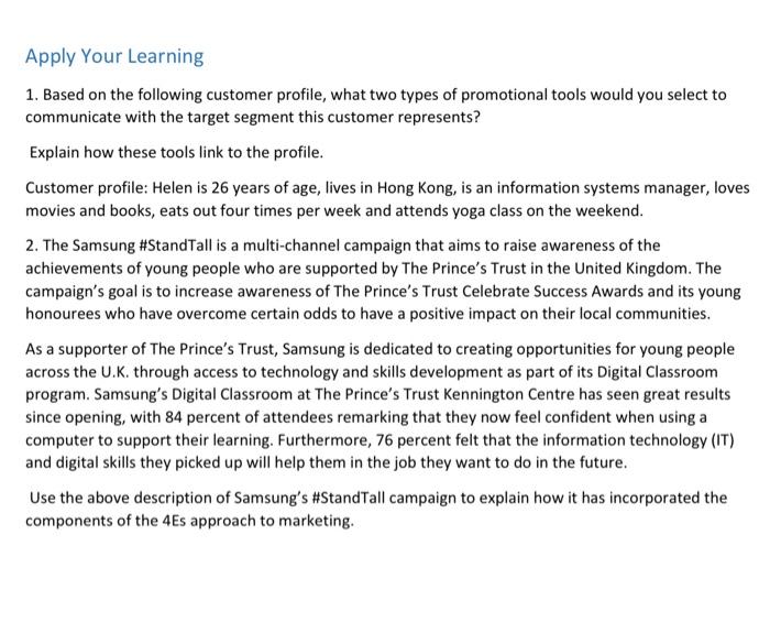 Apply Your Learning 1. Based on the following