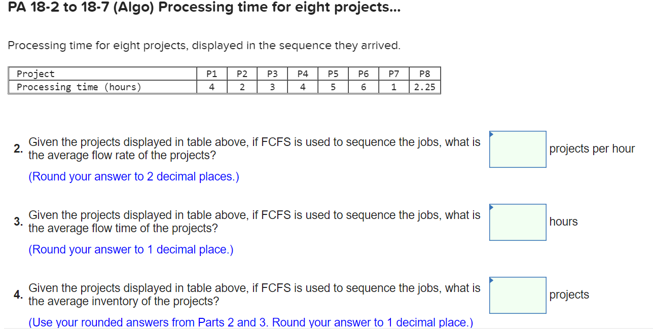 PA 18-2 to 18-7 (Algo) Processing time for eight