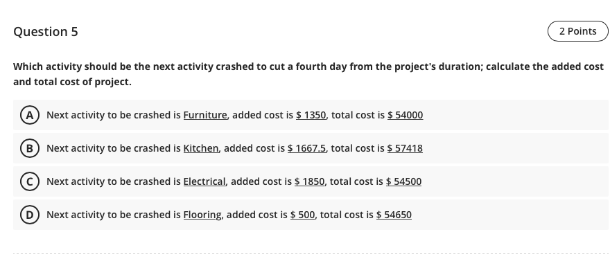 Question 5 2 Points Which activity should be the