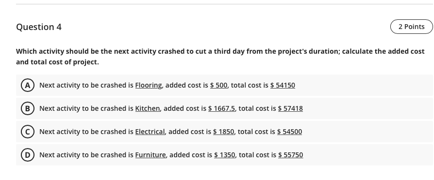 Question 4 2 Points Which activity should be the