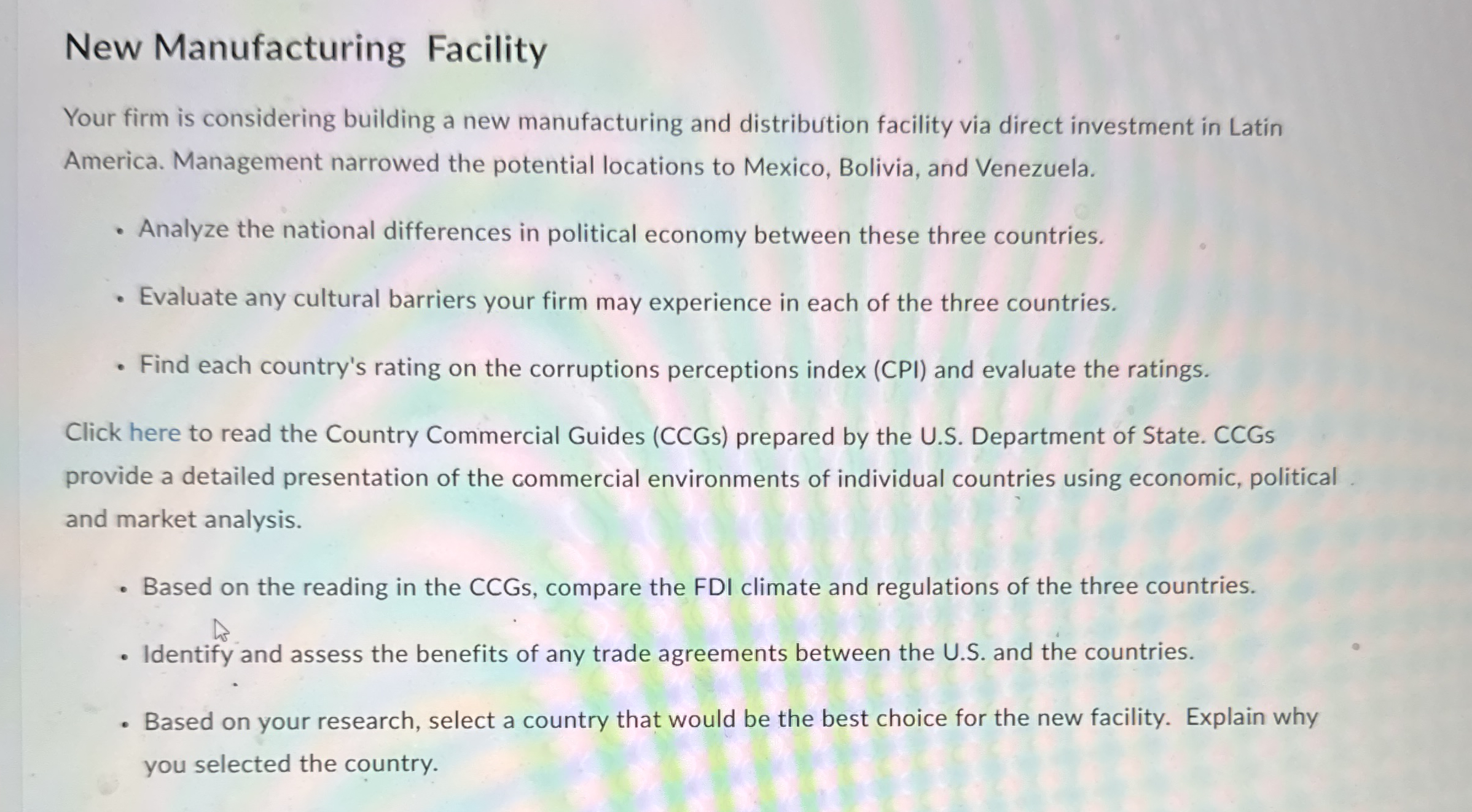 New Manufacturing Facility Your firm is