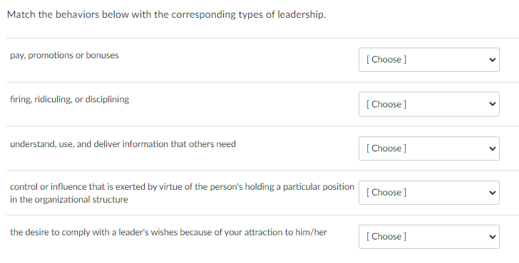 Match the behaviors below with the corresponding