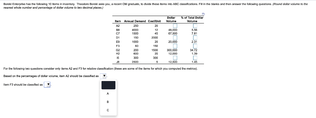 Boreki Enterprise has the following 10 items in