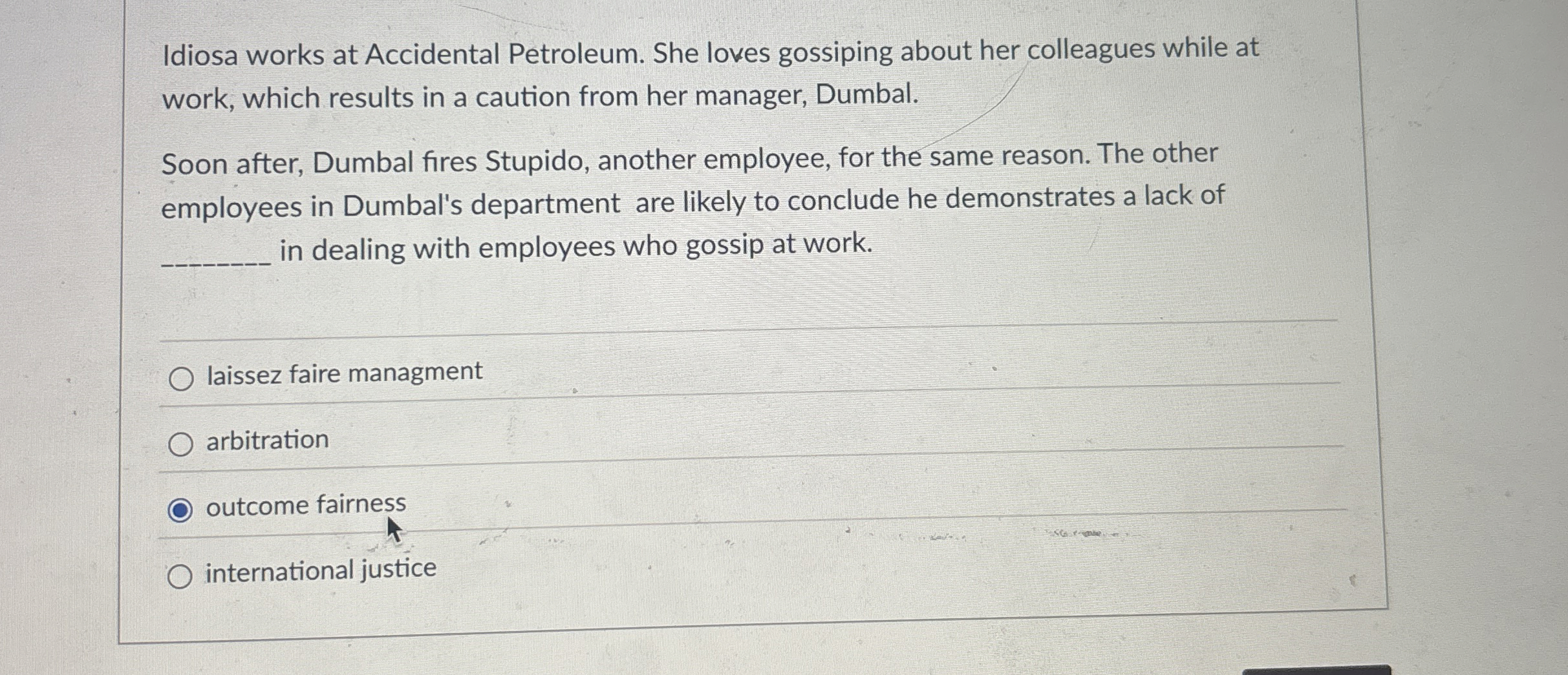 Idiosa works at Accidental Petroleum. She loves