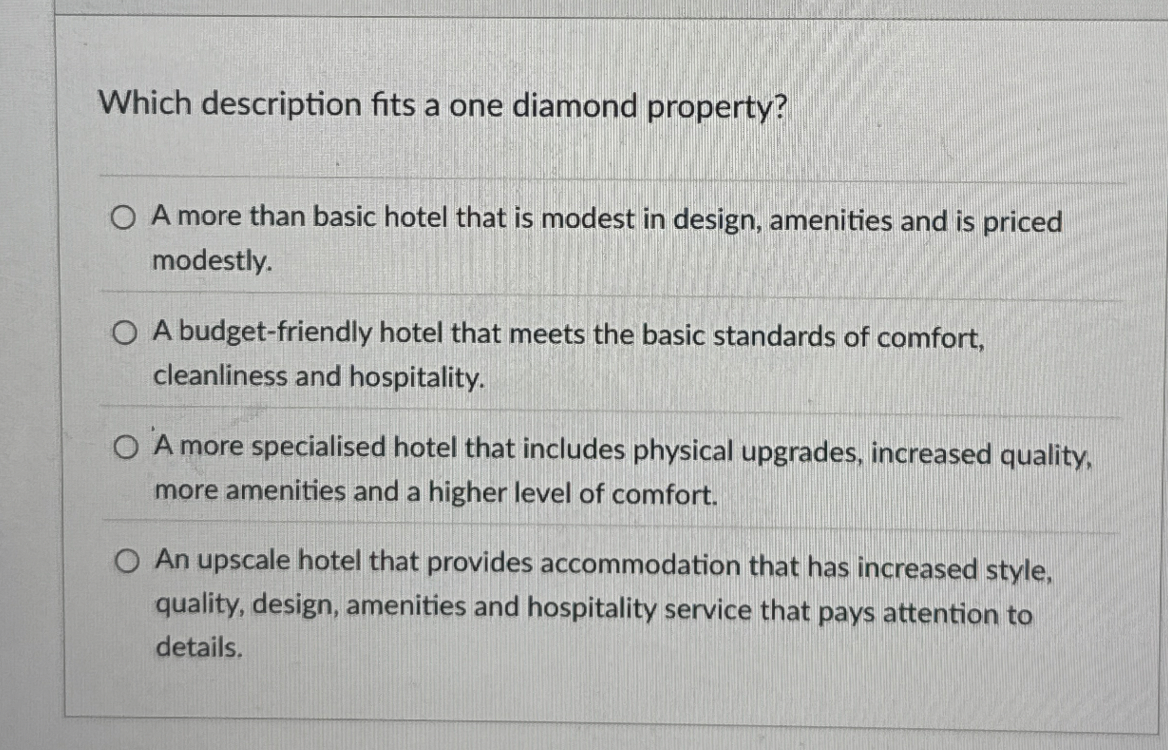 Which description fits a one diamond property? A
