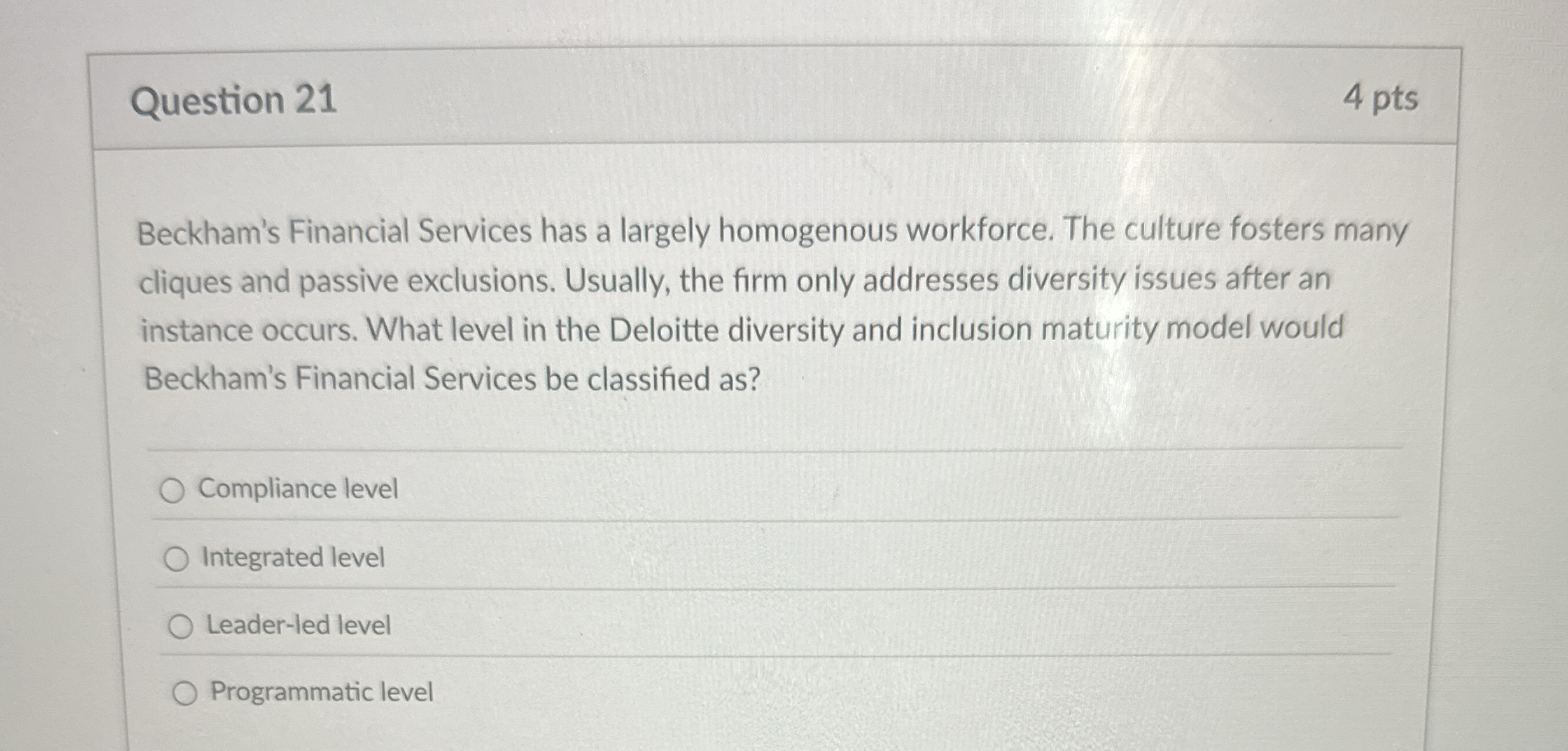 Question 2 1 4 pts Beckham's Financial Services