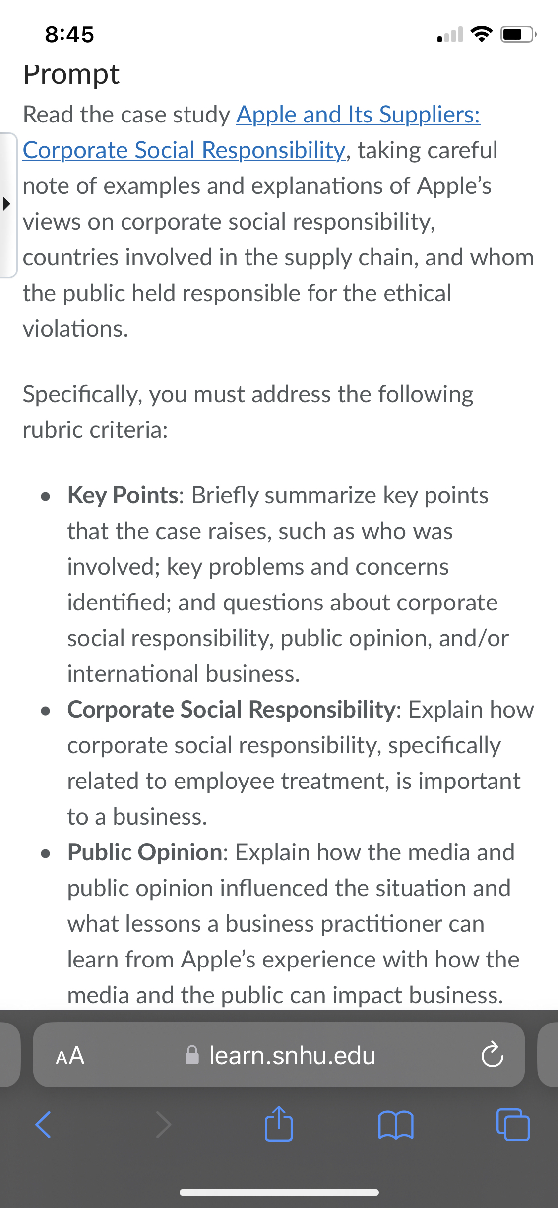 8 : 4 5 Prompt Read the case study Apple and Its