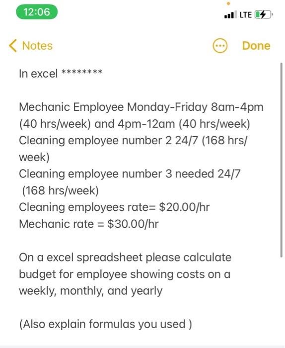 12:06 LTE < Notes Done In excel Mechanic Employee