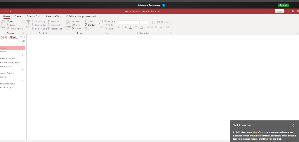In SQL view, enter the SQL code to create a table