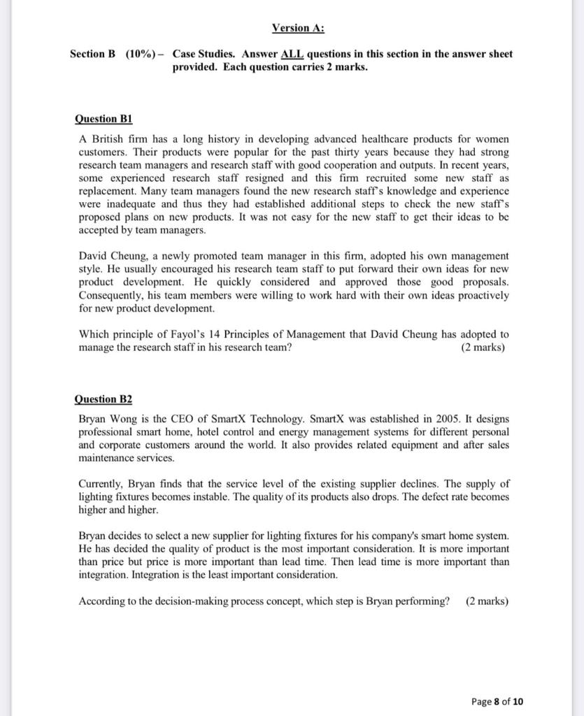 Version A: Section B (10%)- Case Studies. Answer
