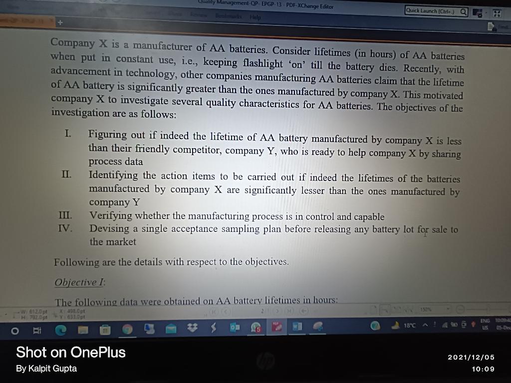 Objective IV: a. [6] Use MS Excel to figure out