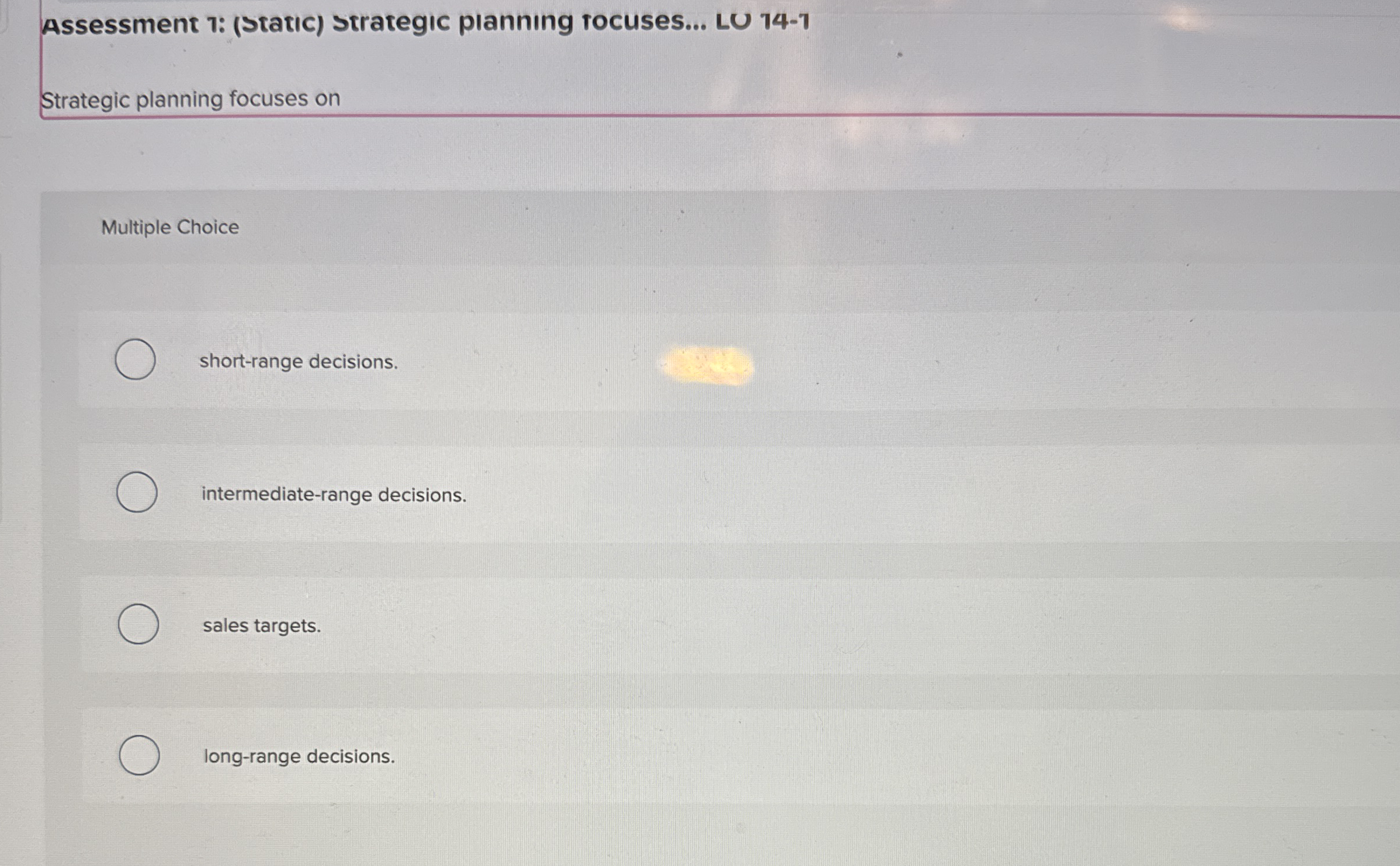 Assessment 1 : ( static ) strategic pianning