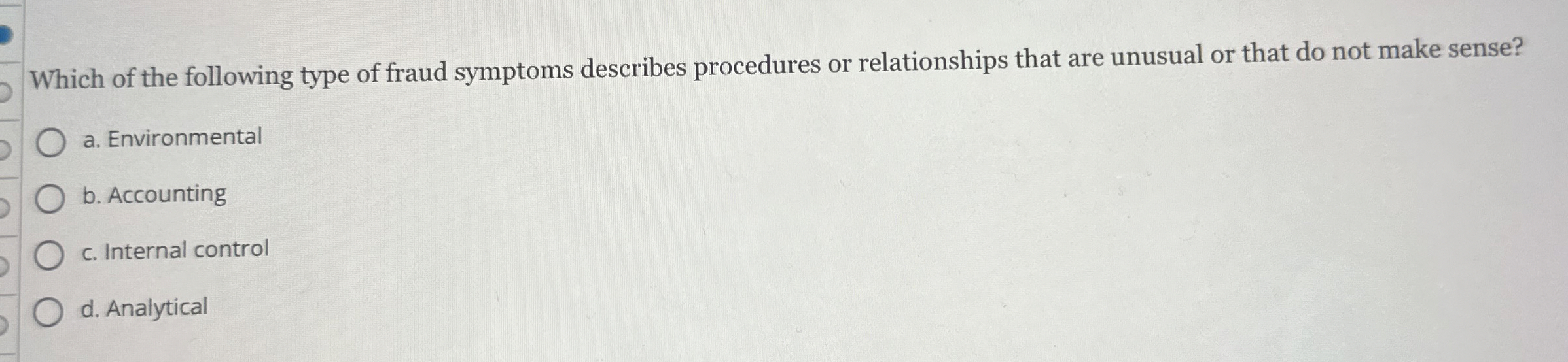 Which of the following type of fraud symptoms