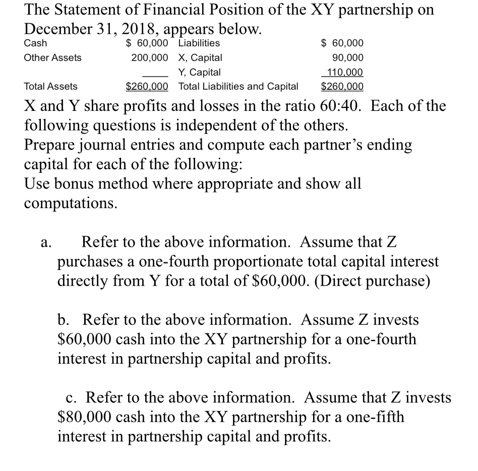 The Statement of Financial Position of the XY