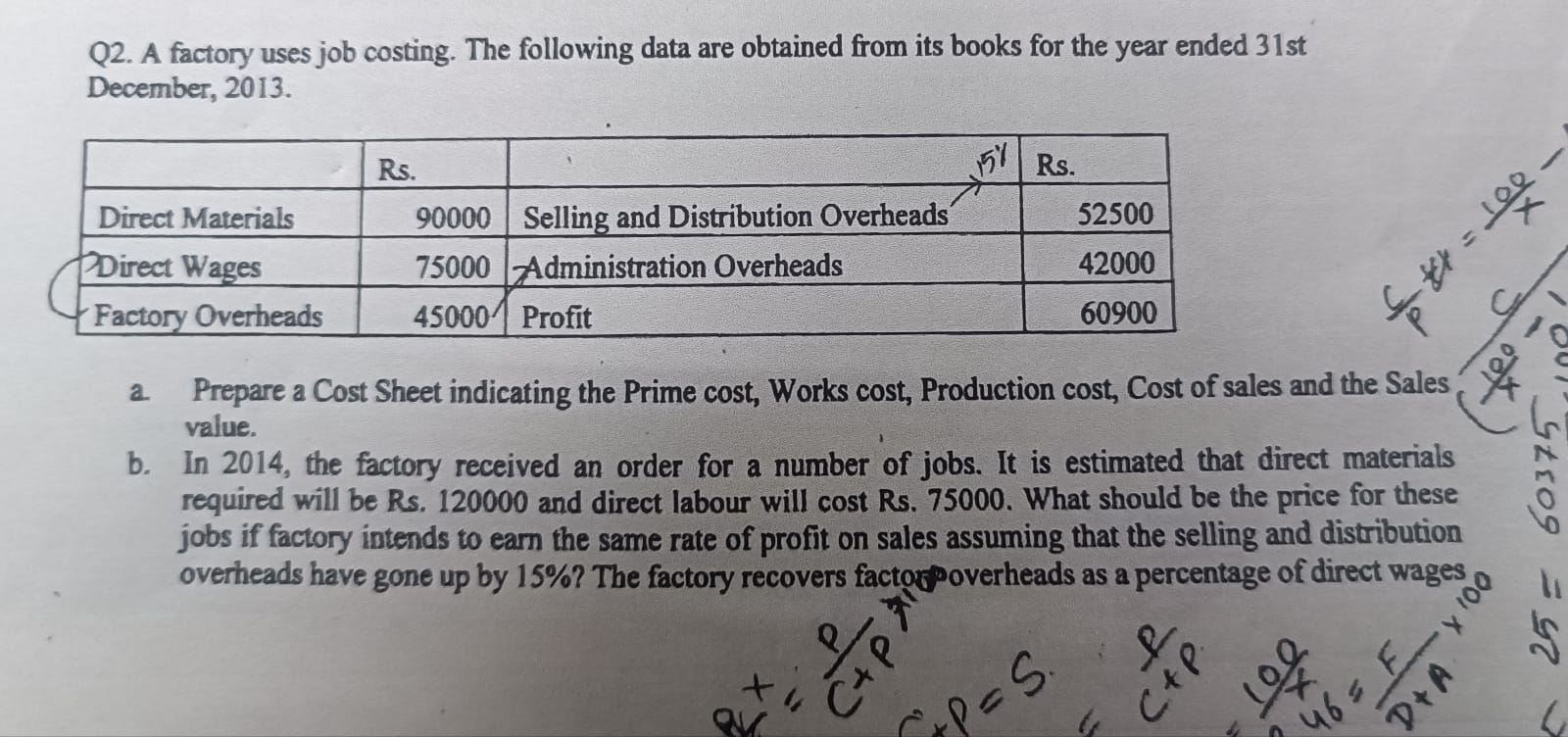 Q 2 . A factory uses job costing. The following