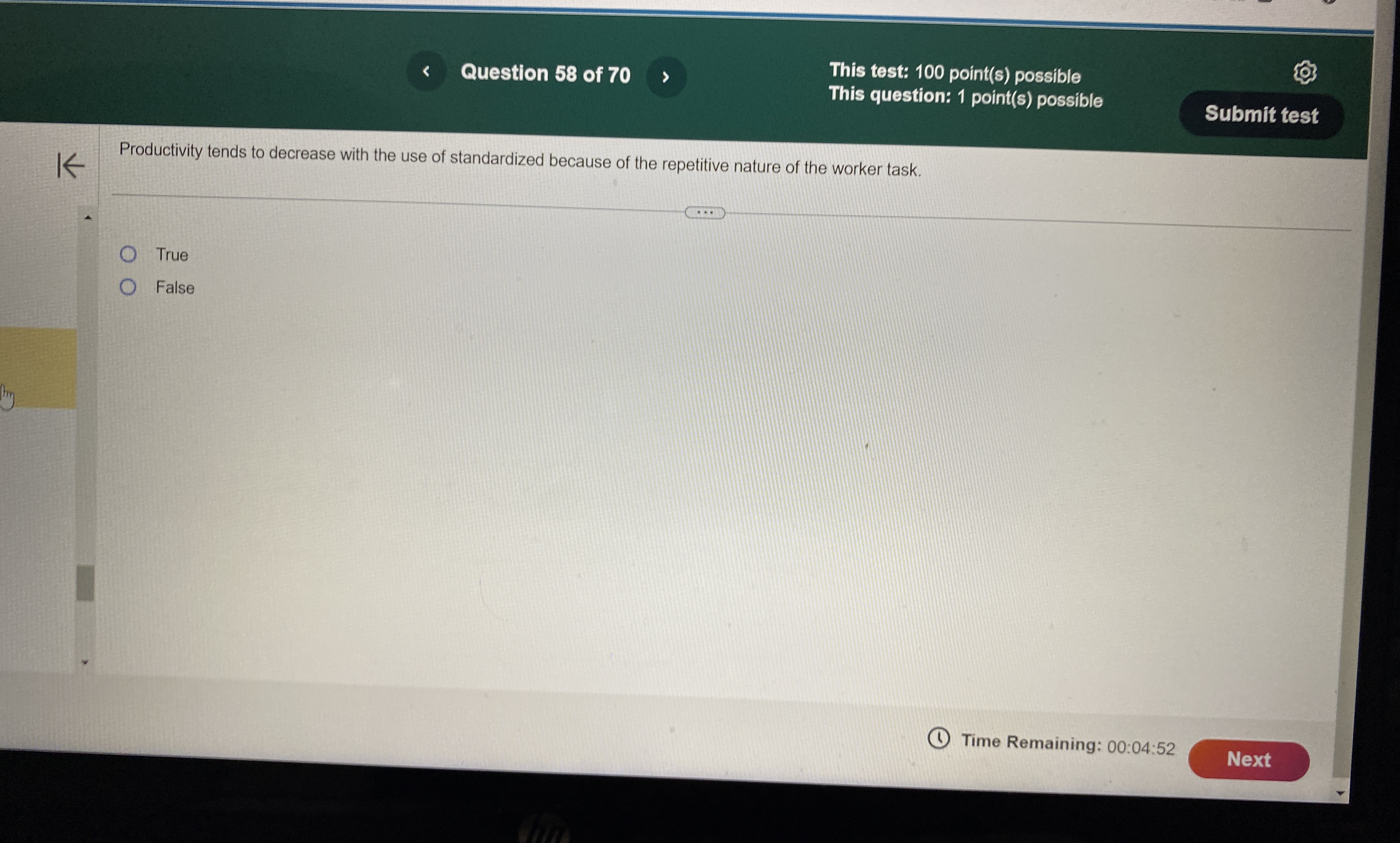 Question 5 8 of 7 0 This test: 1 0 0 point ( s )