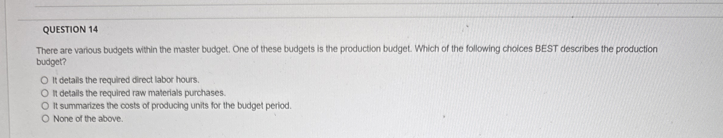 QUESTION 1 4 There are various budgets within the