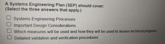 A Systems Engineering Plan ( SEP ) should cover: