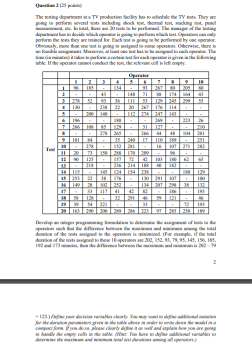 Question 2 (25 points) The testing department at