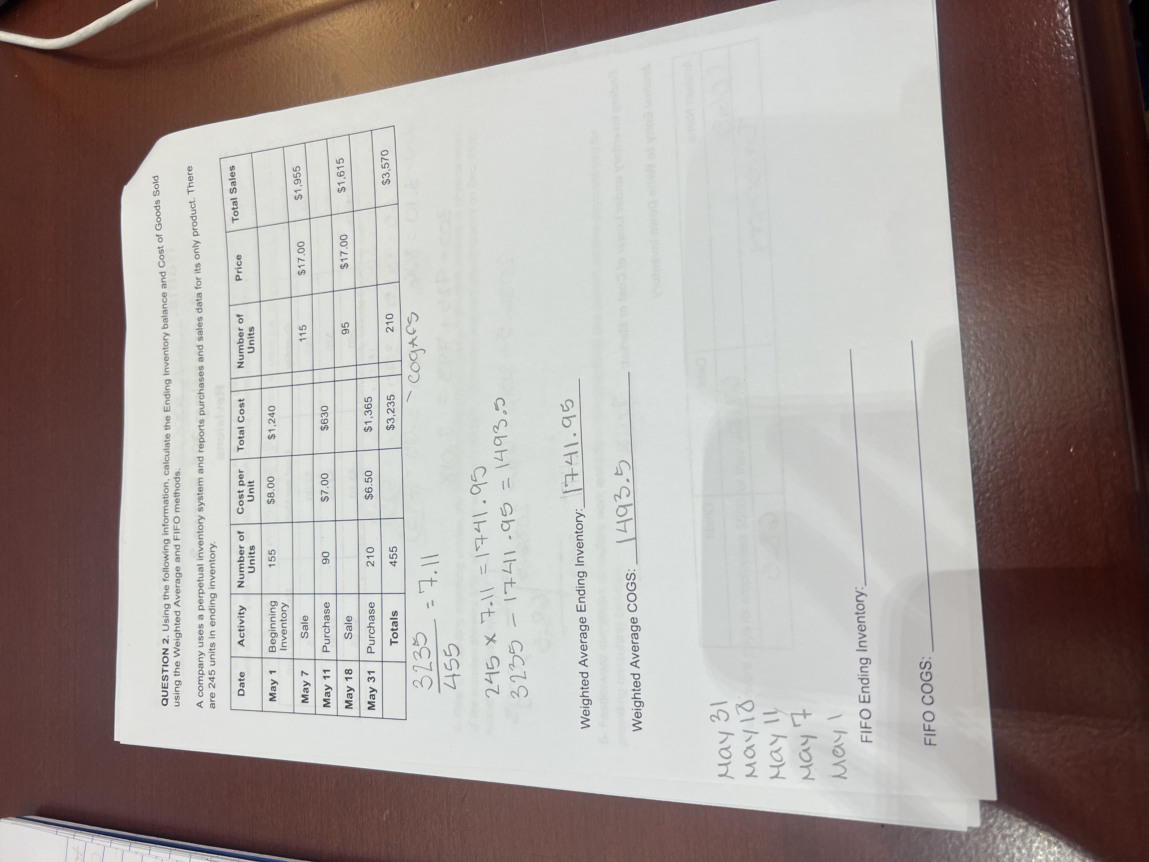 QUESTION 2 . Using the following information,