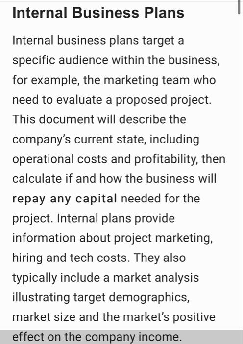 Create an internal buisness plan for a future