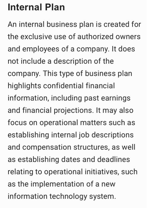 Create an internal buisness plan for a future